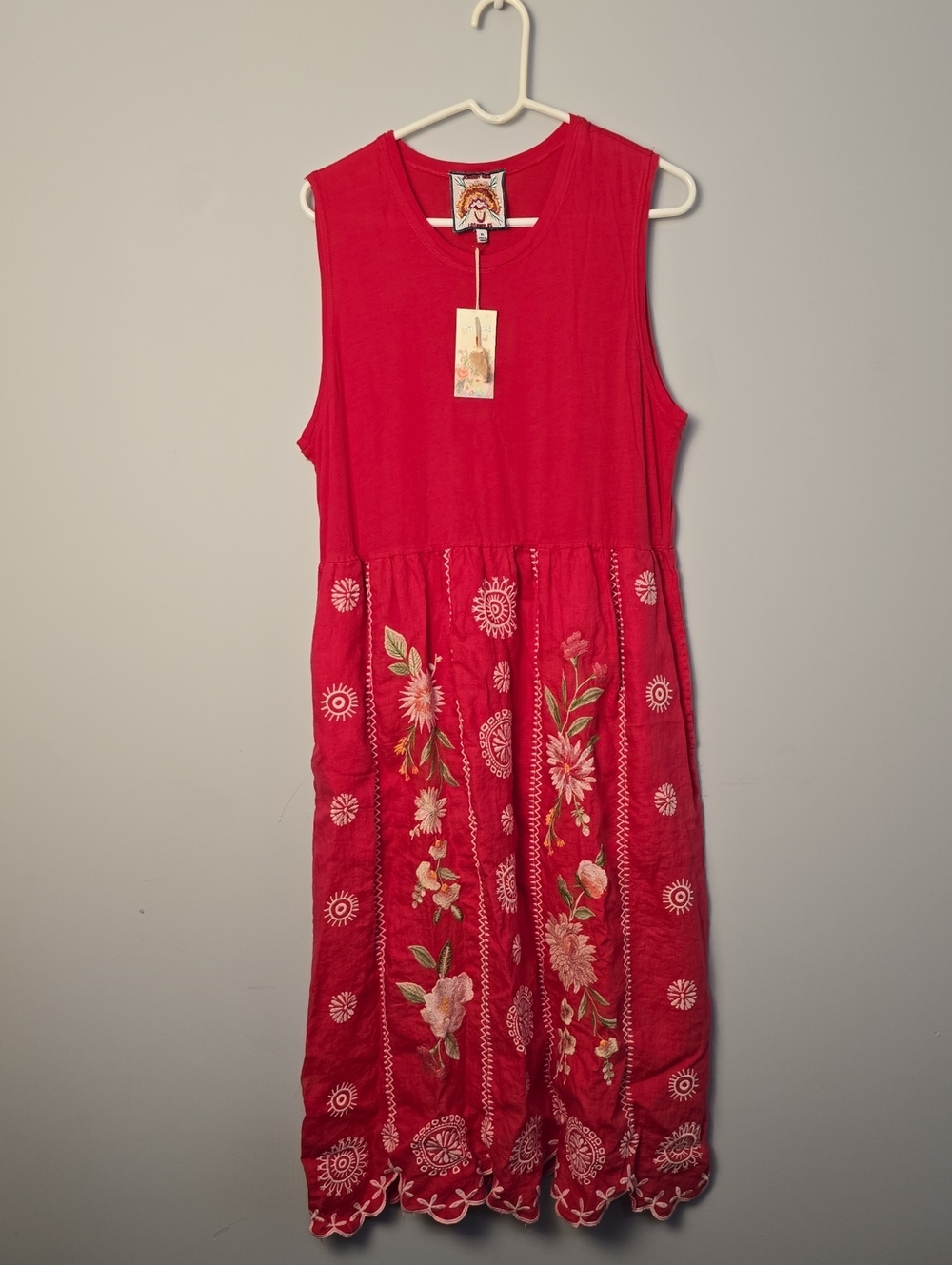 Johnny Was Red Sleeveless Embroidered Maxi Dress